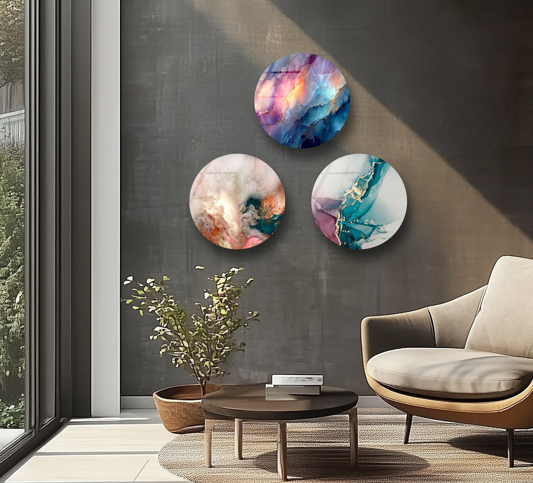 Crystal Flow Round Glass Wall Art Set – Abstract Agate-Inspired Design