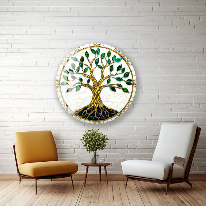 Golden Roots of Harmony – Round Glass Wall Art
