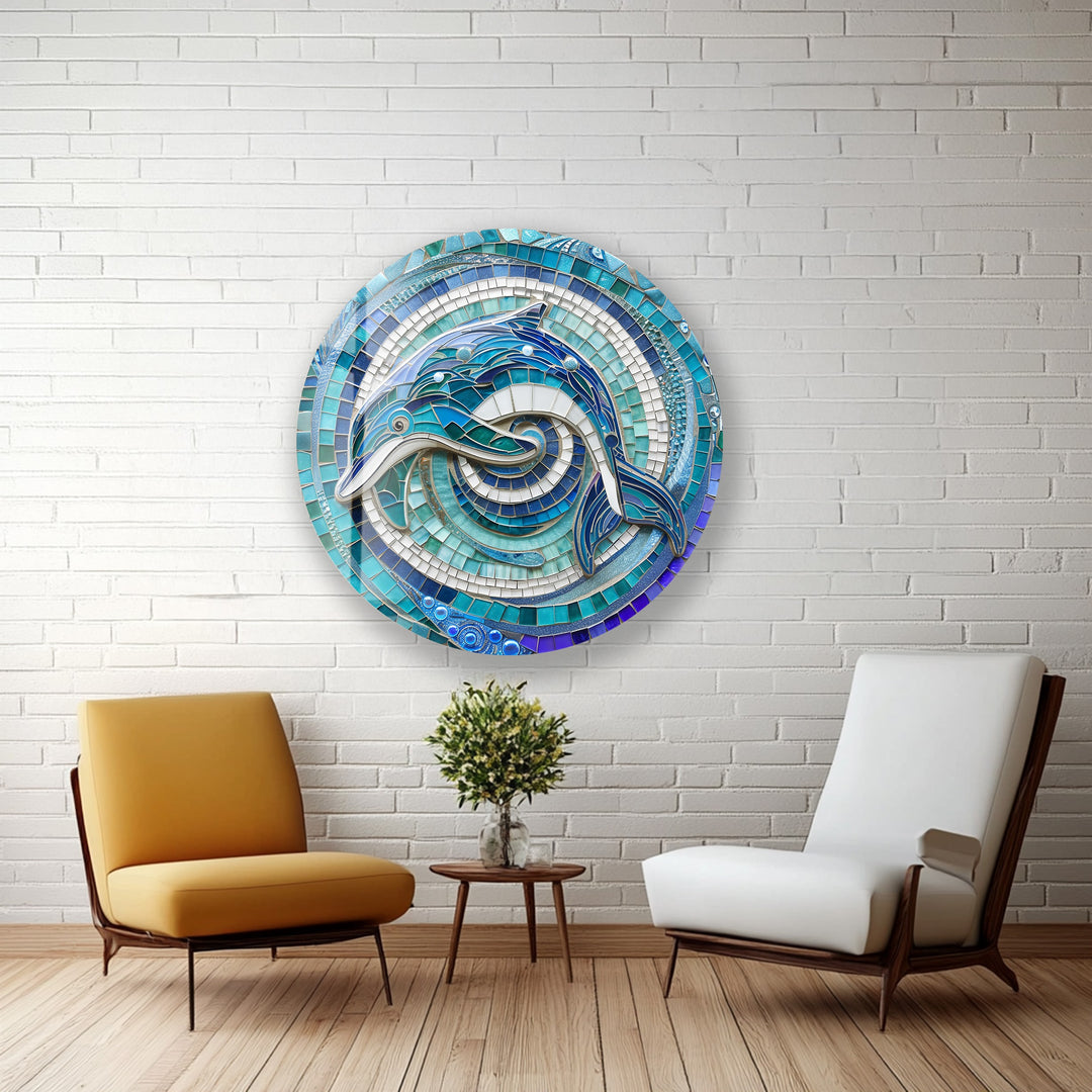 Ocean Harmony – Dolphin Mosaic Round Glass Wall Art