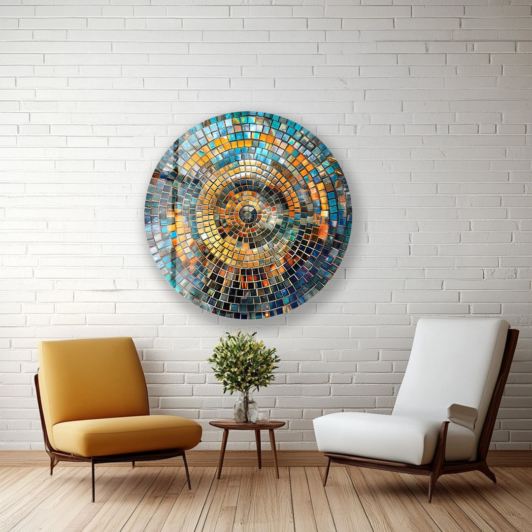 Aurora Mosaic – Radiant Blue and Gold Round Glass Wall Art