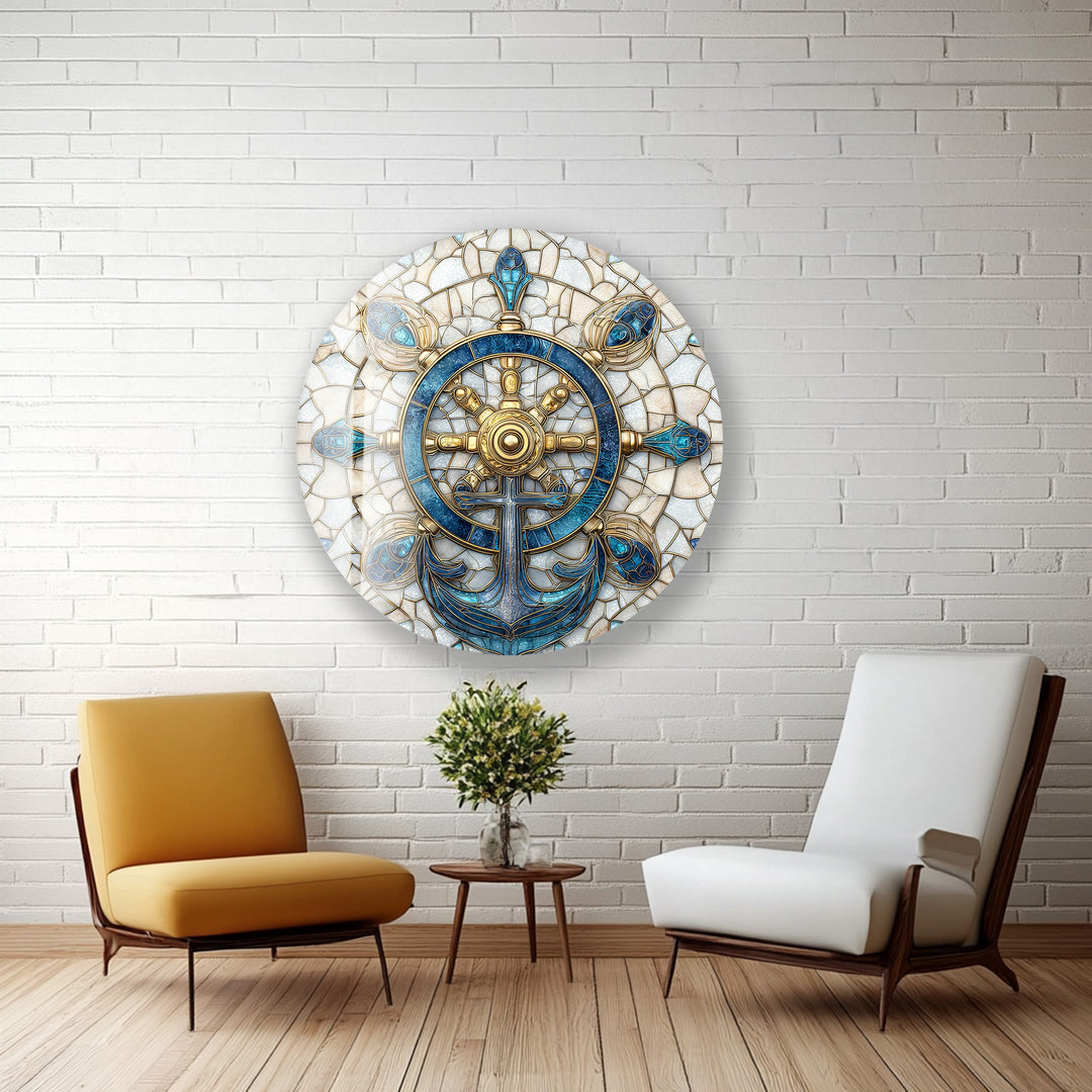 Golden Helm & Anchor Harmony – Round Glass Wall Art