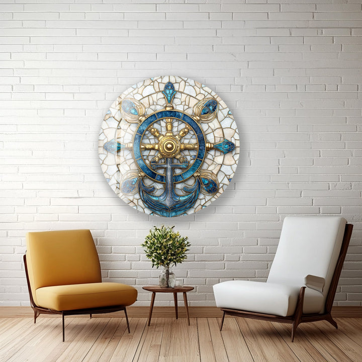 Golden Helm & Anchor Harmony – Round Glass Wall Art