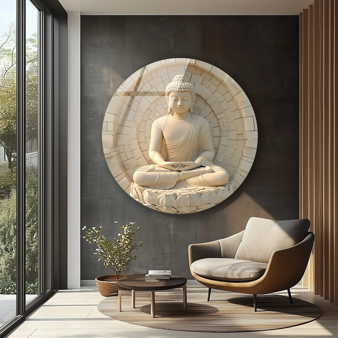 Serene White Buddha in Lotus – Round Glass Wall Art - MyPhotoStation