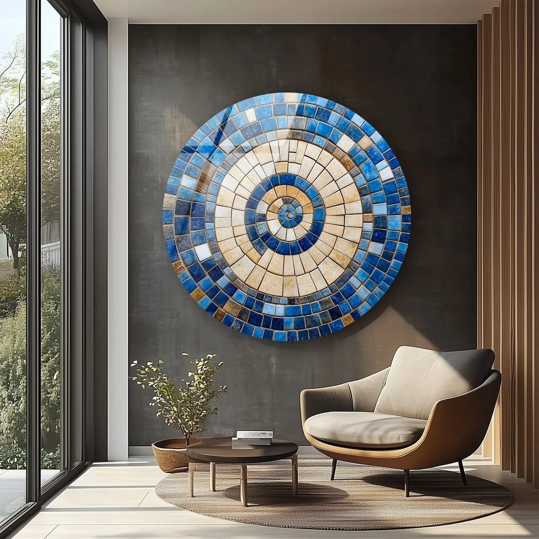 Coastal Sunburst – Beige & Blue Round Glass Wall Art - MyPhotoStation