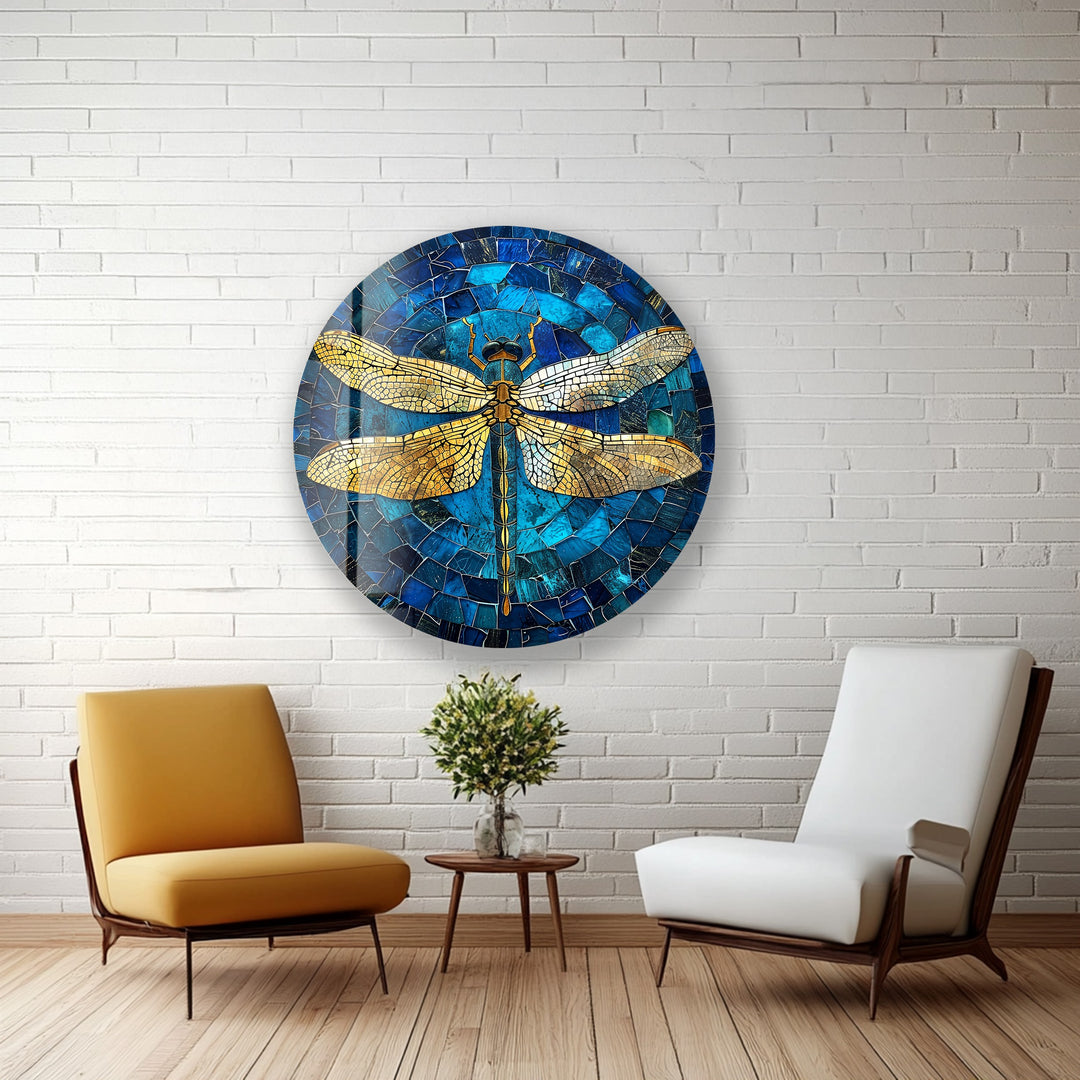 Golden Wings – Dragonfly Mosaic Round Glass Wall Art