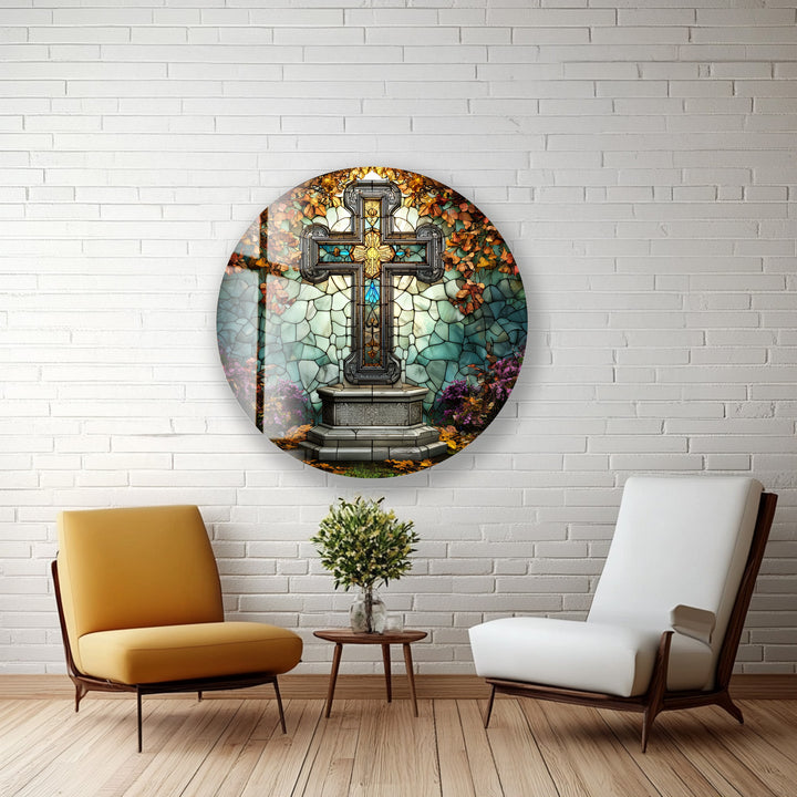 Stained Glass Cross Garden Scene – Round Glass Wall Art