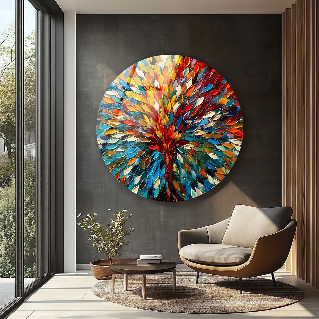 Eternal Bloom – Vibrant Tree of Life Round Glass Wall Art