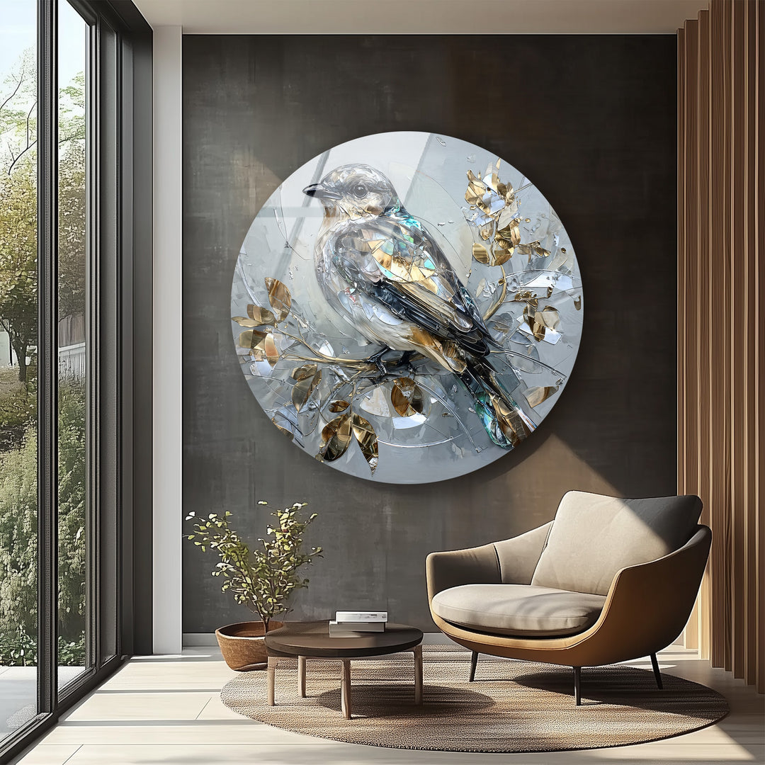 Golden Serenity – Crystal Bird Round Glass Wall Art