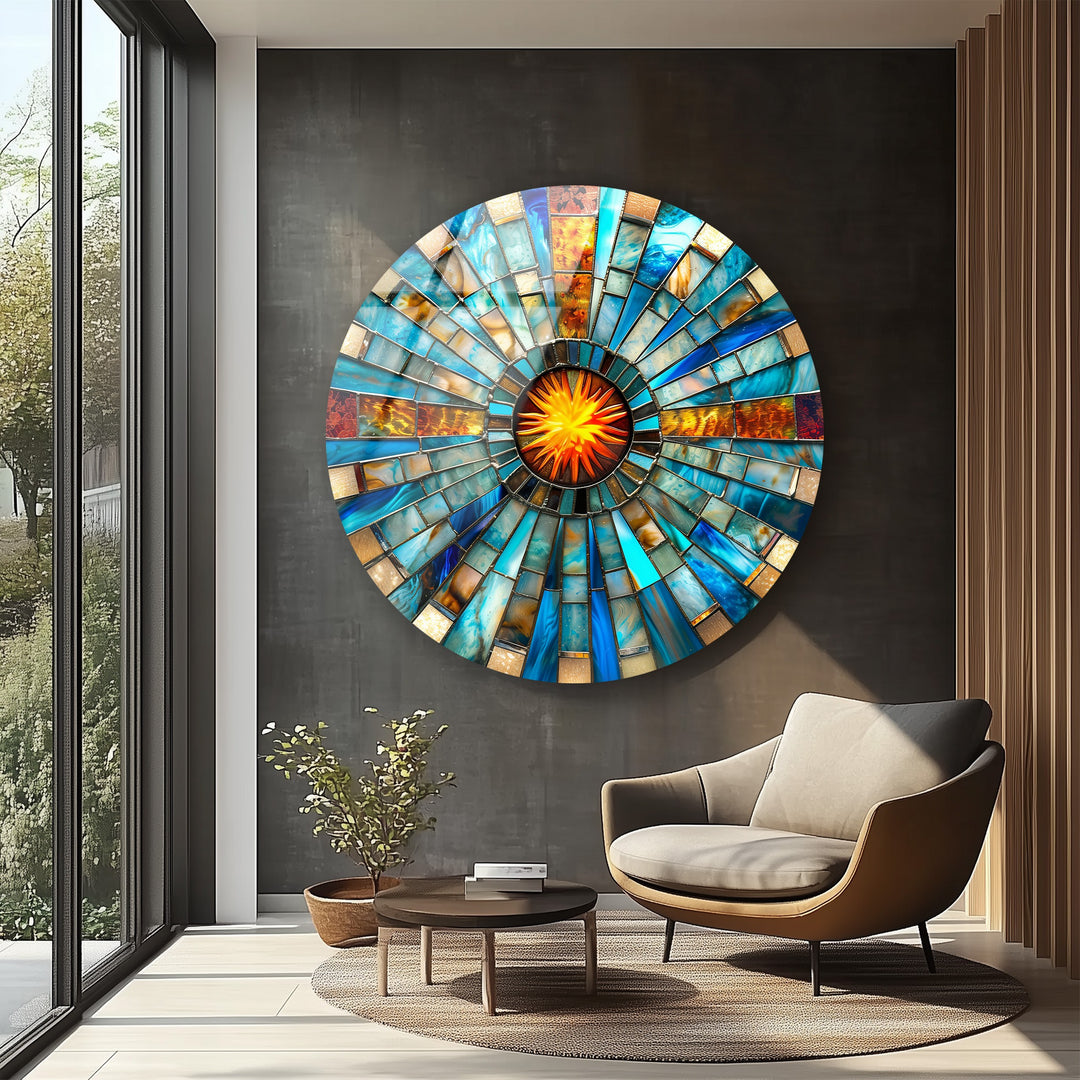 Solar Pulse – Blue & Amber Mosaic Round Glass Wall Art