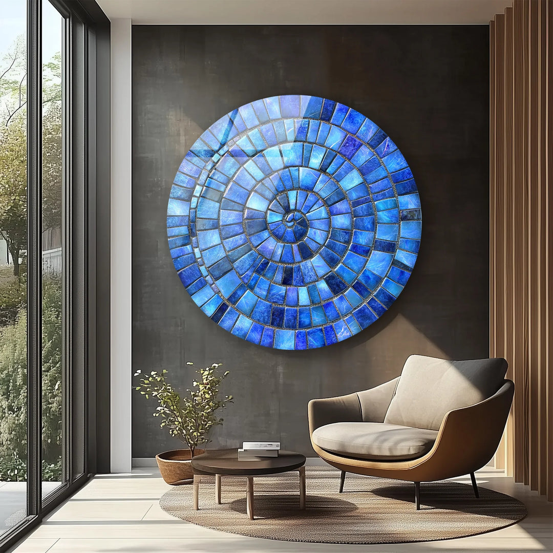 Ocean Spiral – Blue Mosaic Round Glass Wall Art - MyPhotoStation