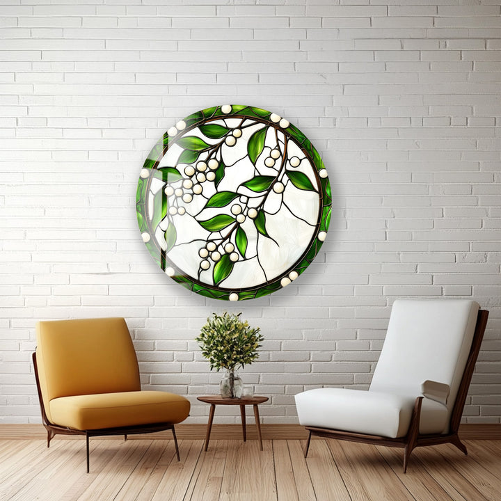 Emerald Berry Vines – Round Glass Wall Art
