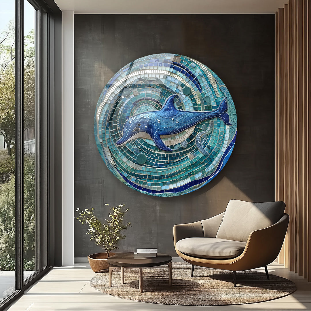 Luxury marine mosaic glass wall art with blue tones