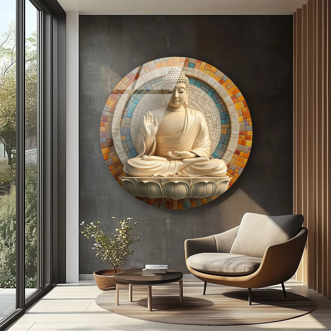 Tranquil Buddha Mosaic Round Glass Wall Art - MyPhotoStation