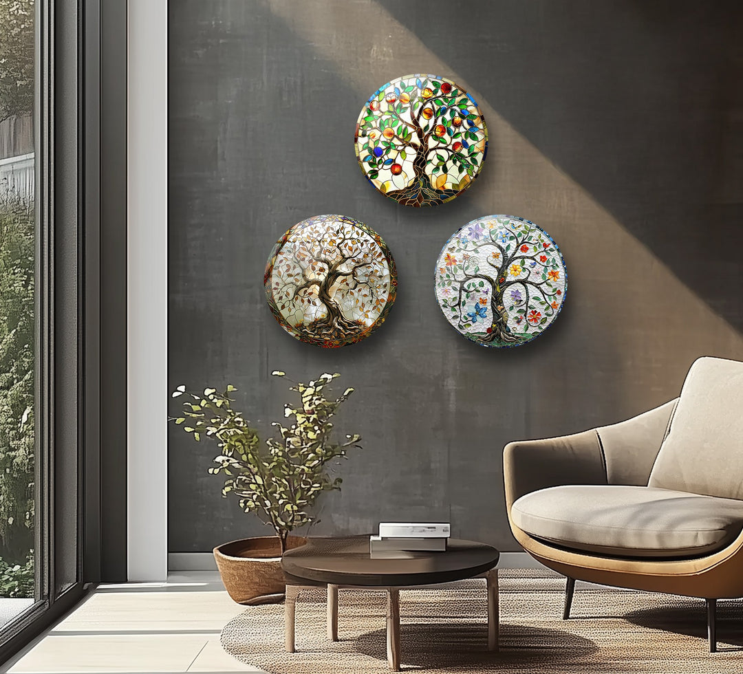 Colorful Mosaic Tree of Life Round Glass Wall Art Set – Boho Nature-Inspired Decor