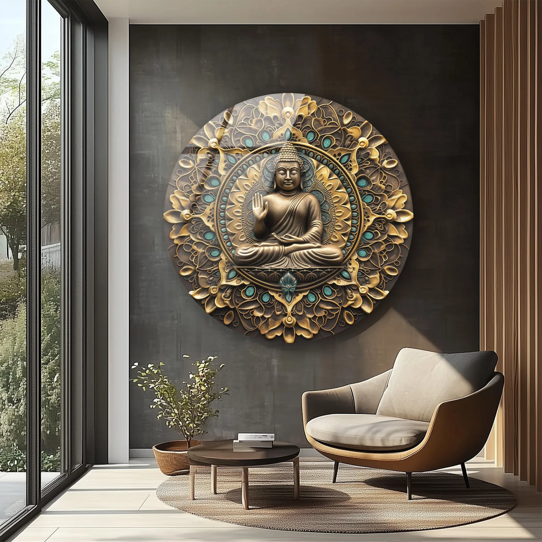 Golden Mandala Buddha – Ornate Round Glass Wall Art - MyPhotoStation