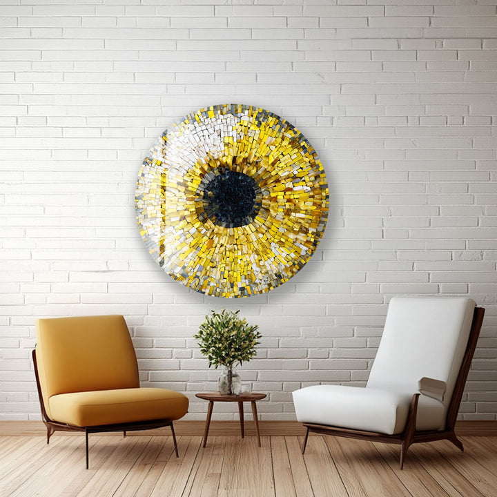 Golden Iris Mosaic – Round Glass Wall Art