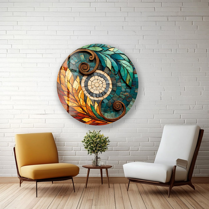 Solar Leaf Harmony – Round Glass Wall Art