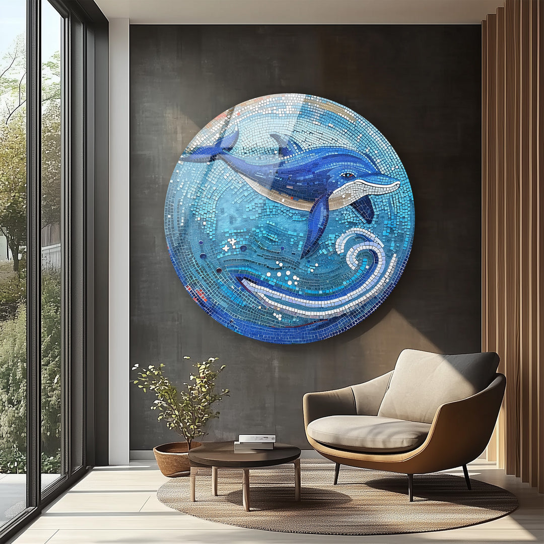 Elegant ocean-themed round glass wall artwork