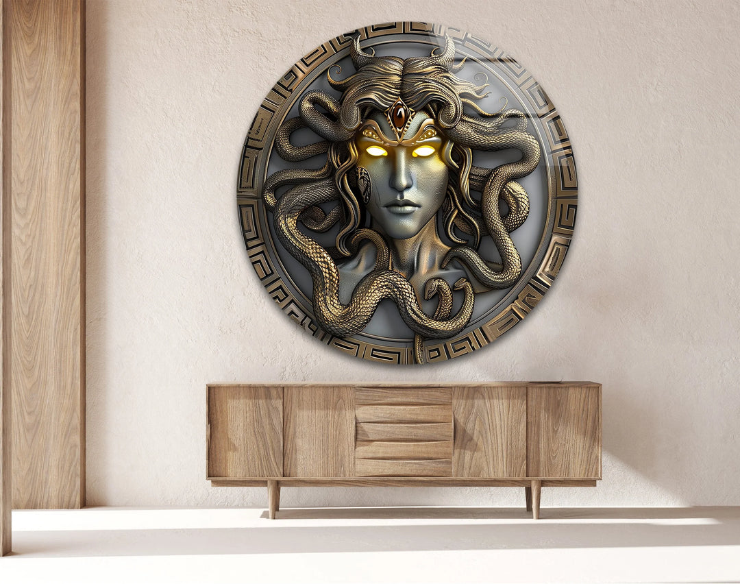 Gorgon’s Gaze – Medusa-Inspired Round Glass Wall Art - MyPhotoStation