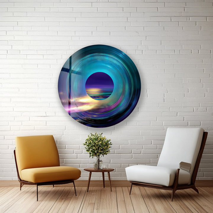 Luminous Horizon – Abstract Ocean View Round Glass Wall Art