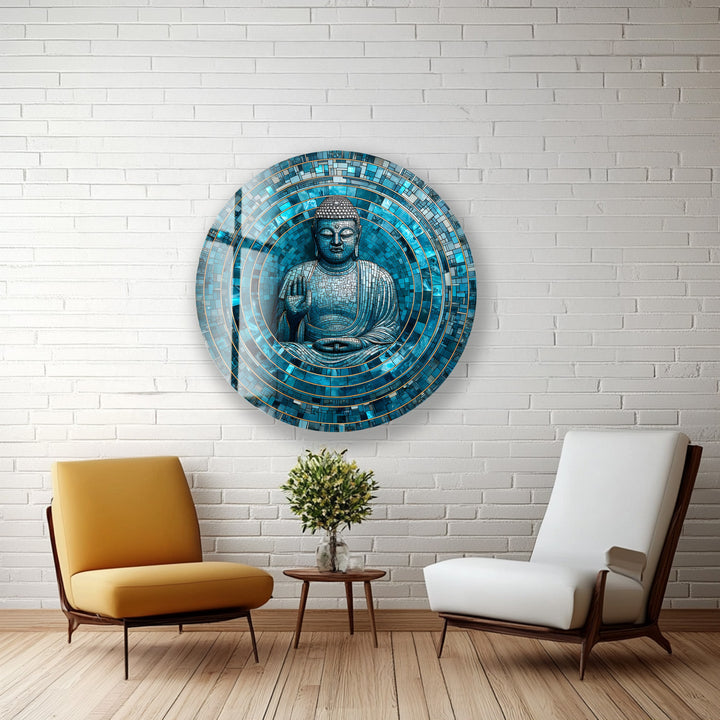 Tranquil Mosaic Buddha – Round Glass Wall Art