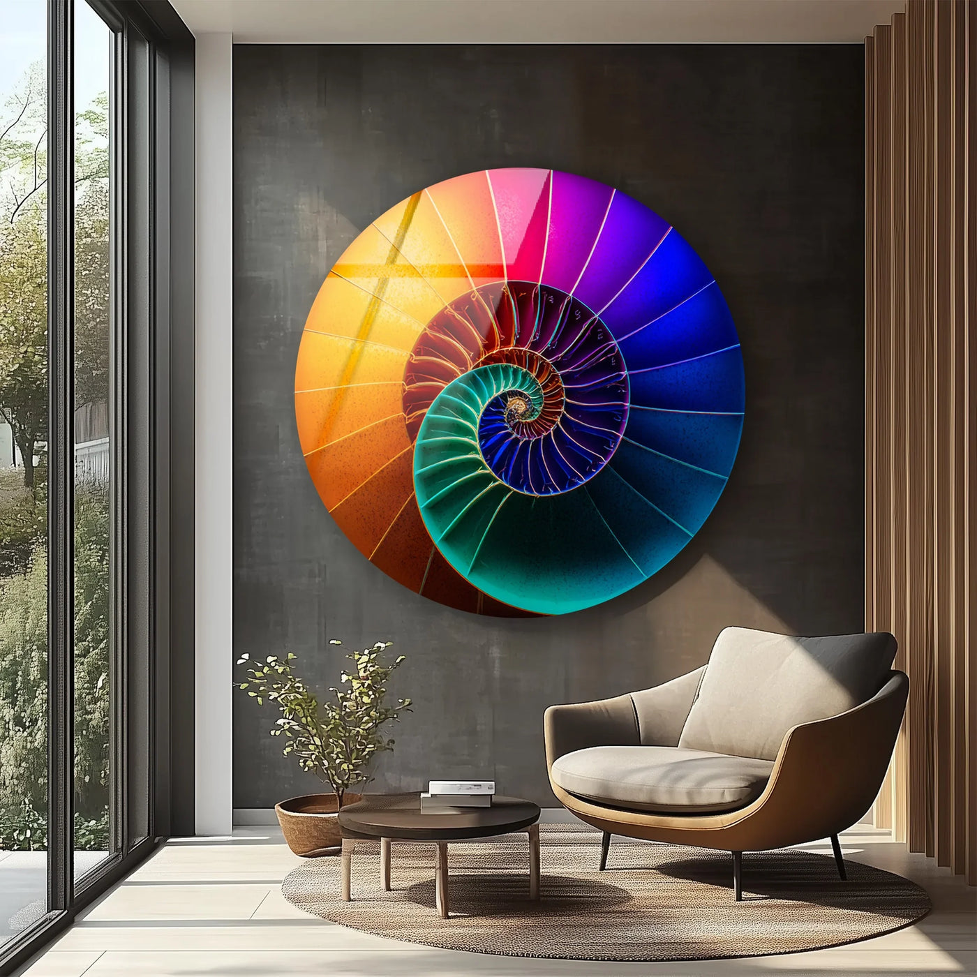 Horizontally oriented round print wall art features a mesmerizing cosmic spiral shell design, injecting vibrant color into any contemporary space.