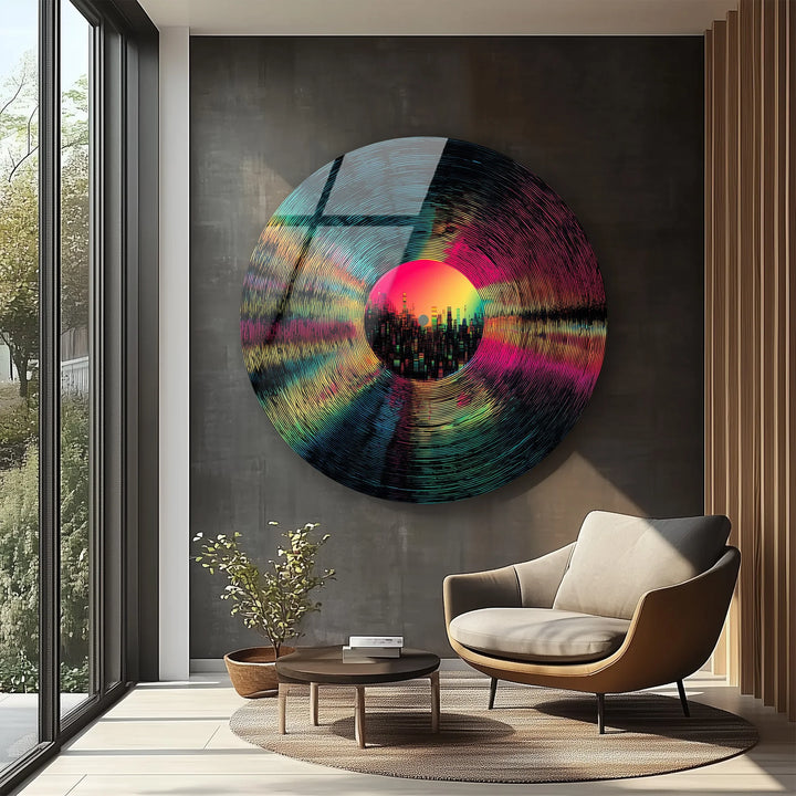 Neon Vinyl Cityscape – Round Glass Wall Art - MyPhotoStation