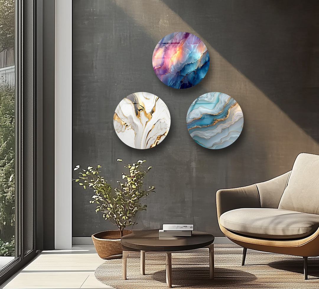 Ethereal Gemstone Round Glass Wall Art Set – Abstract Agate Elegance
