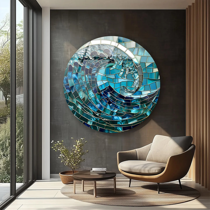 Ocean Wave Mosaic Round Glass Wall Art - MyPhotoStation