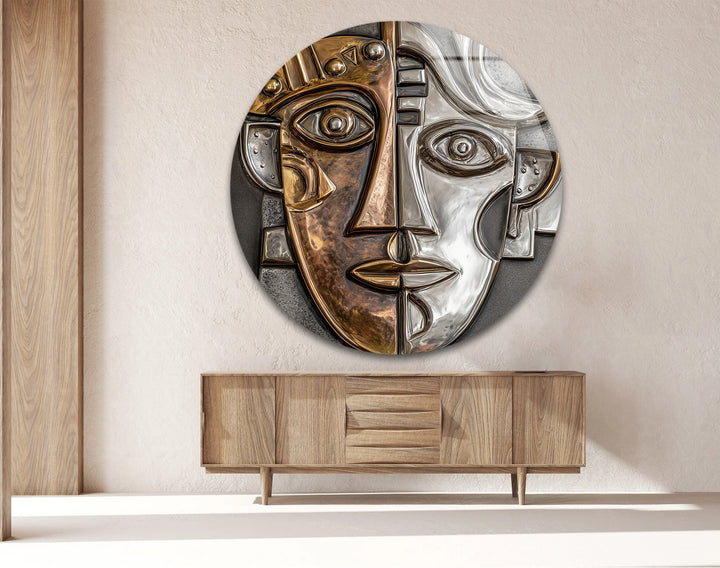Dual Tone Abstract Face – Metallic Cubist Round Glass Wall Art - MyPhotoStation