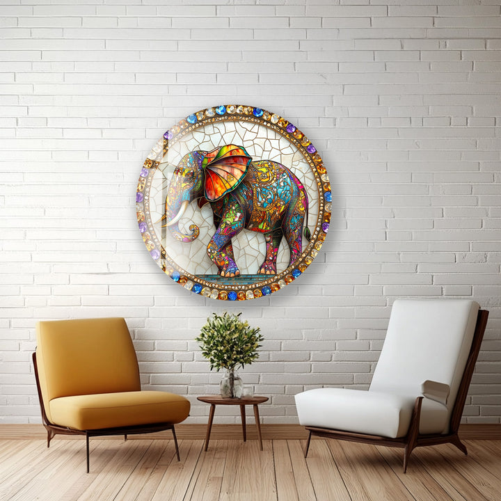 Regal Mosaic Elephant – Round Glass Wall Art