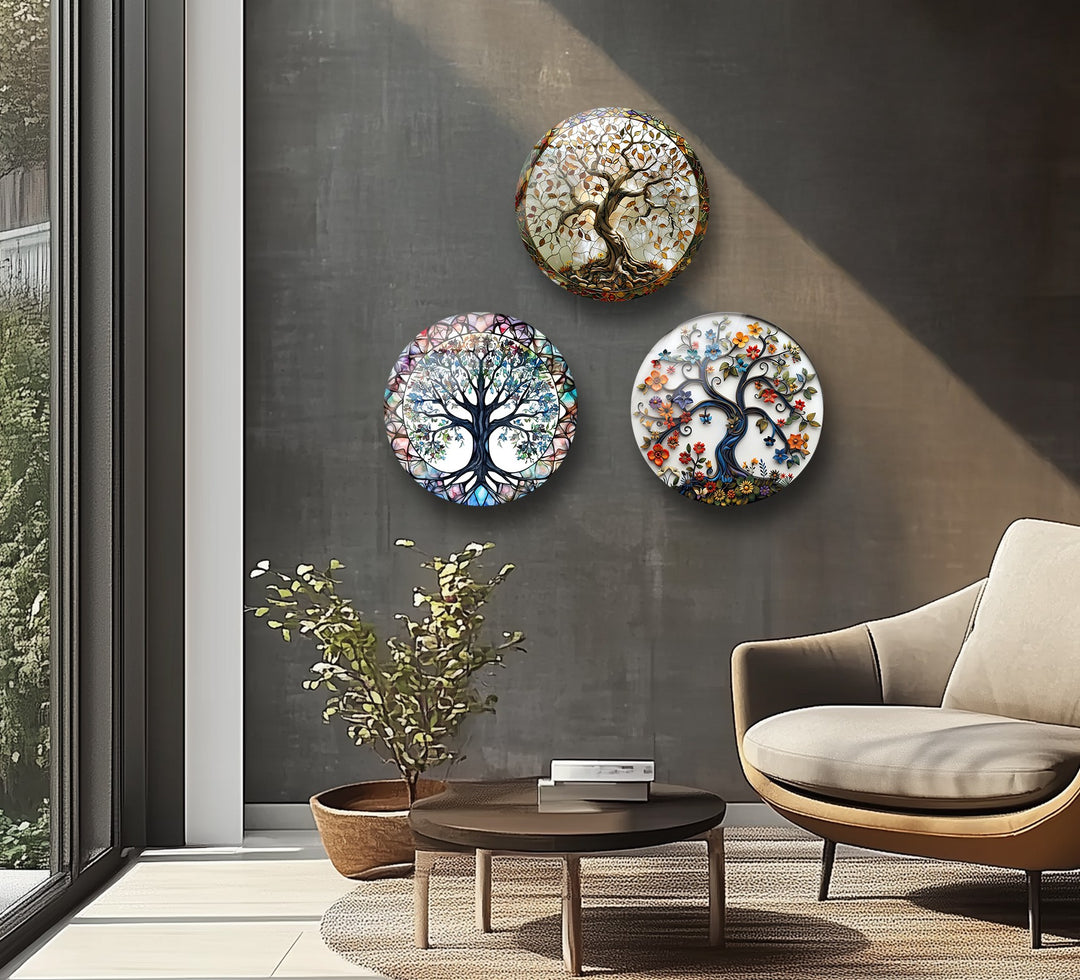 Mosaic Tree of Life Round Glass Wall Art Set – Nature-Inspired Glass Decor