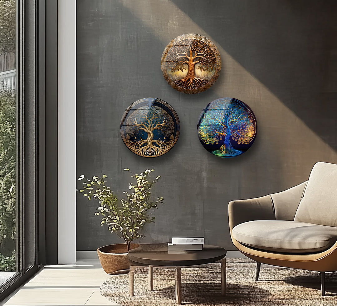 Tree of Life Round Glass Wall Art Set – Spiritual Nature-Inspired Decor