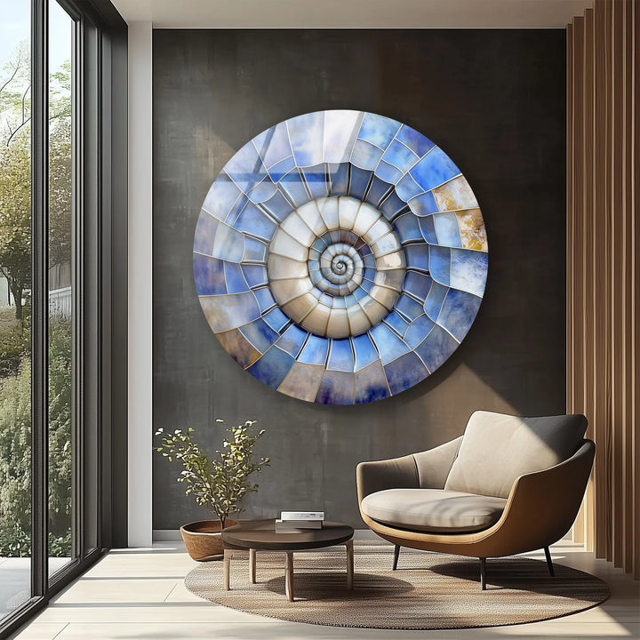 Ocean Spiral Shell – Blue & Sand Round Glass Wall Art - MyPhotoStation