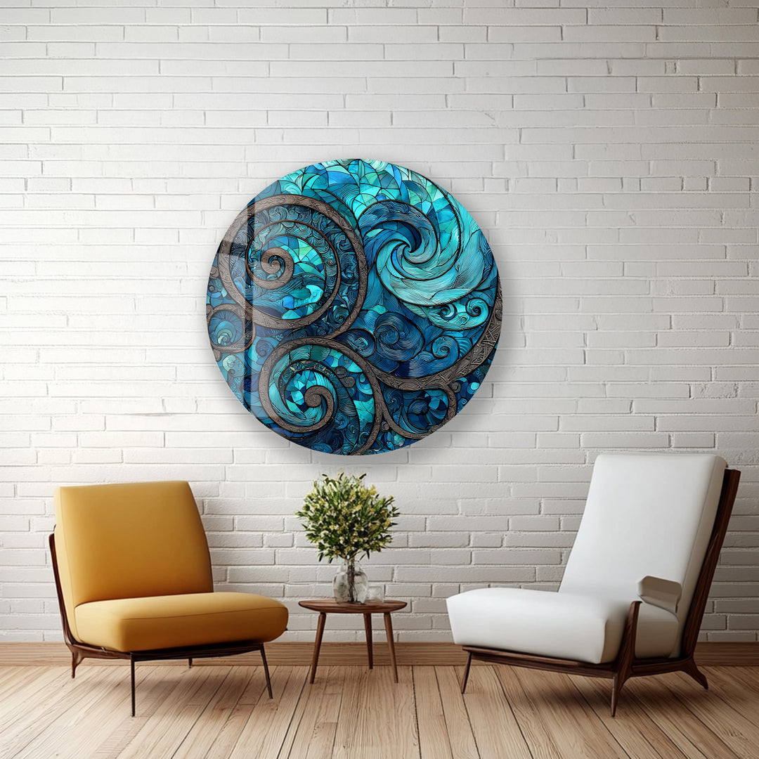 Oceanic Spirals – Round Glass Wall Art