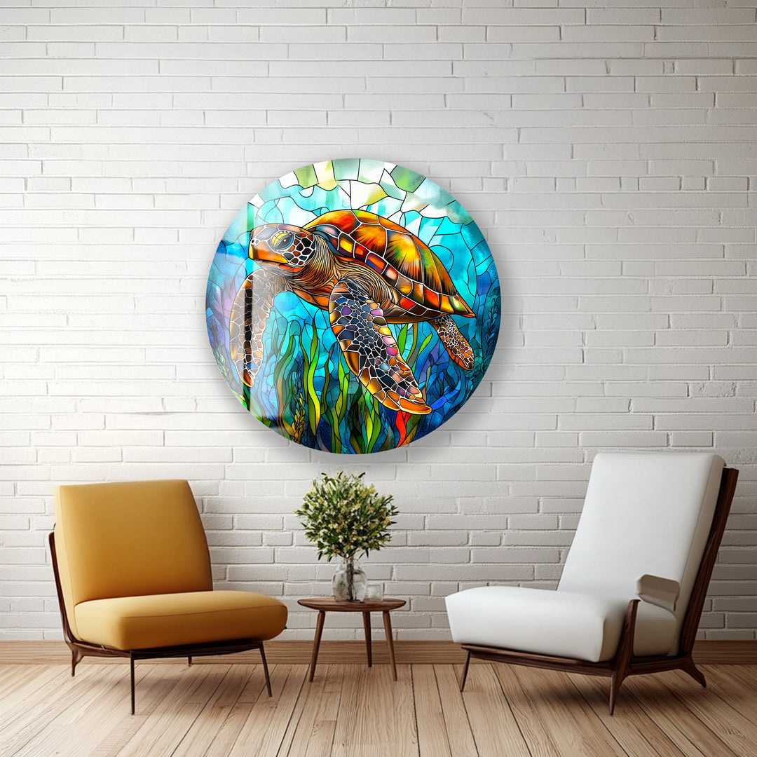 Ocean Voyager – Sea Turtle Round Glass Wall Art