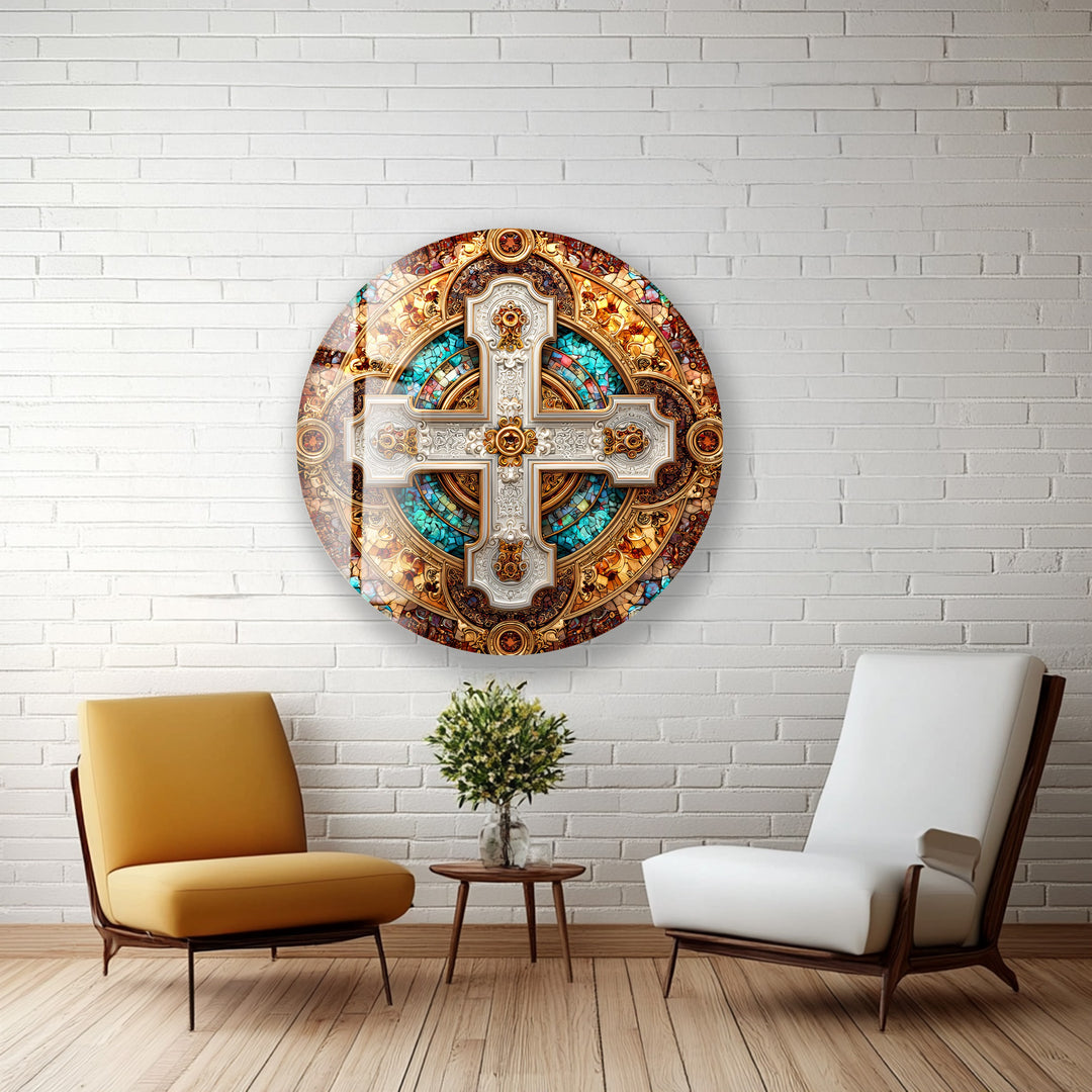 Imperial Cross Mosaic – Round Glass Wall Art