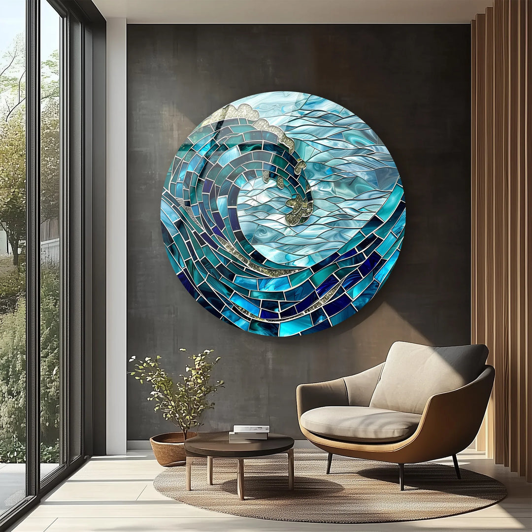 Golden Crest Wave Mosaic Round Glass Wall Art - MyPhotoStation