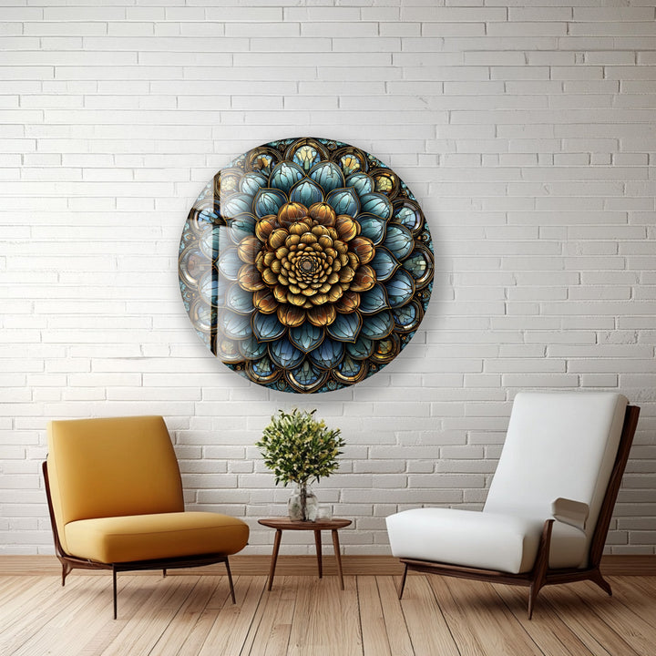 Golden Mandala Bloom – Round Glass Wall Art