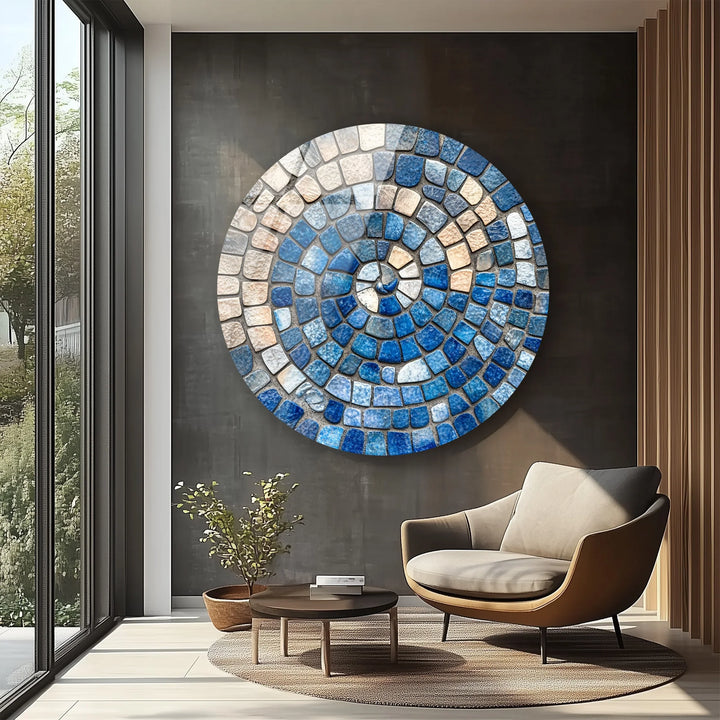 Ocean Spiral Mosaic – Blue and Sand Round Glass Wall Art - MyPhotoStation