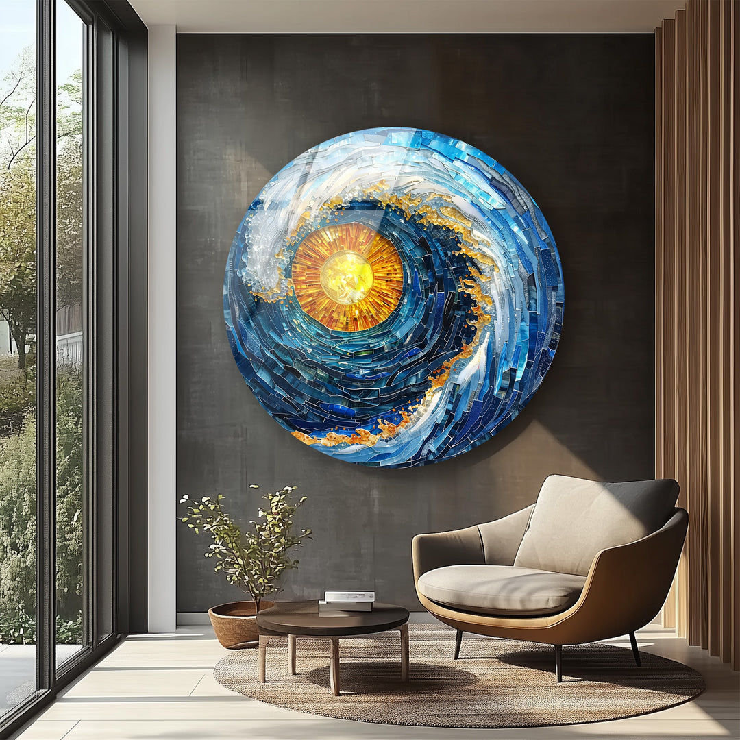 Solar Tide – Blue Wave Mosaic Round Glass Wall Art