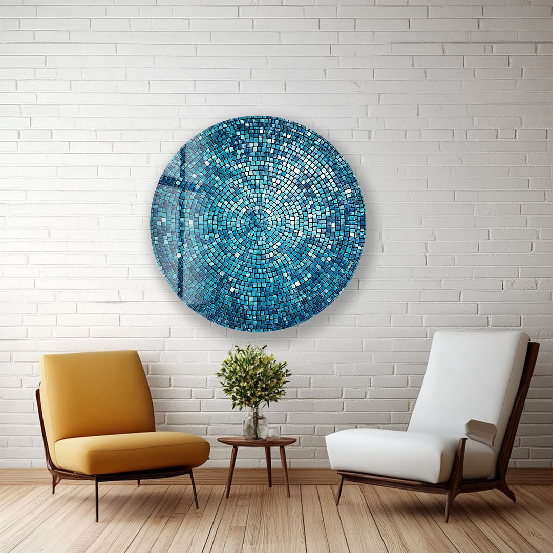 Azure Radiance Mosaic – Round Glass Wall Art