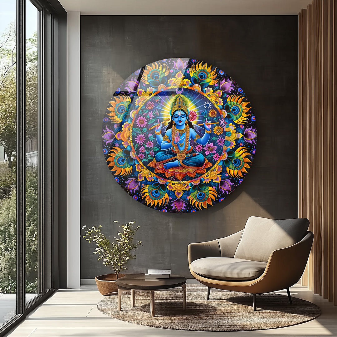 Divine Serenity – Vishnu Mandala Round Glass Wall Art