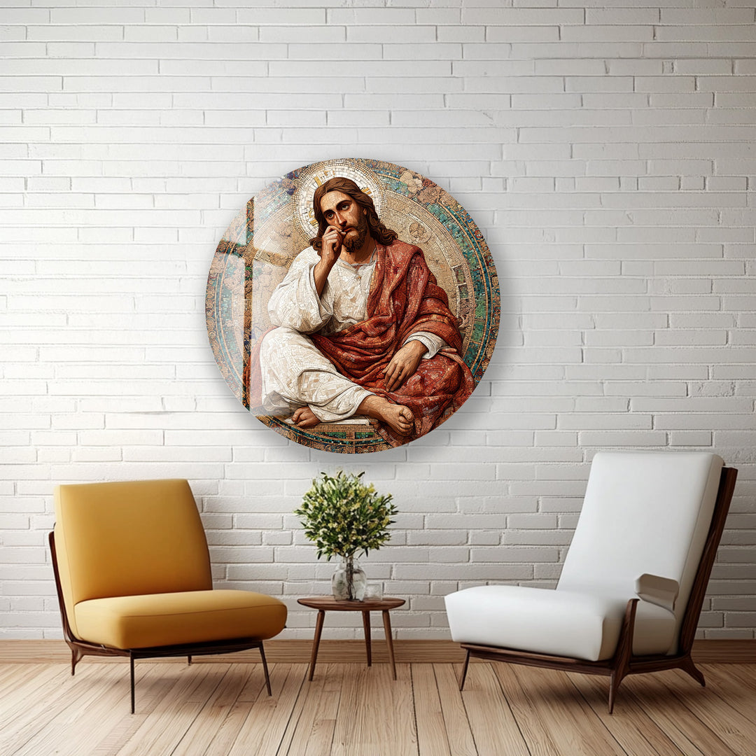 Contemplative Christ Mosaic – Round Glass Wall Art