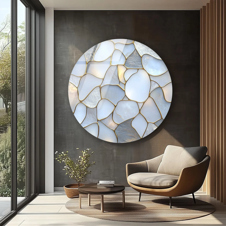 White Stone Mosaic Round Glass Wall Art - MyPhotoStation
