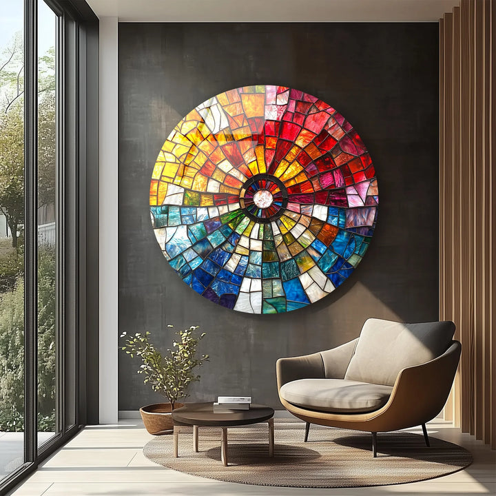 Radiant Sunburst Mosaic Round Glass Wall Art - MyPhotoStation