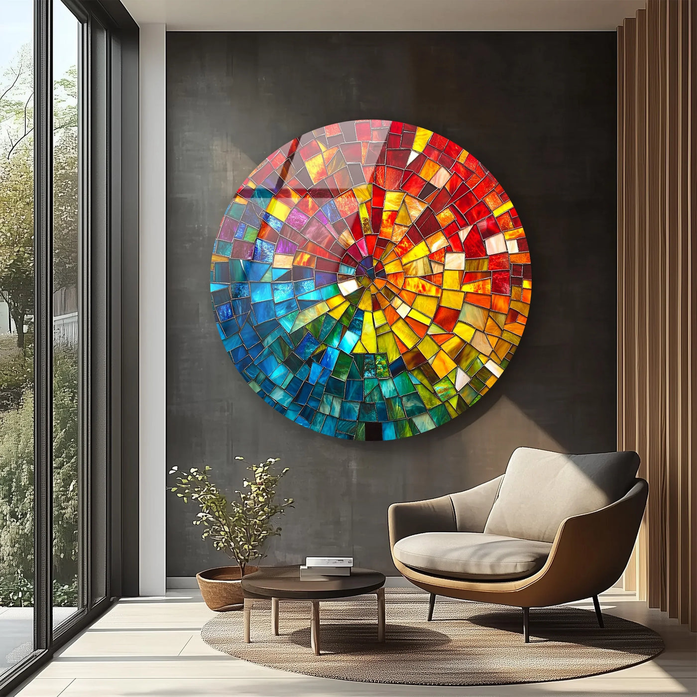 High-quality glass pieces form a stunning, radiant spiral mosaic round glass wall art, exemplifying fine print wall art with its intricate colorwork and superior construction.