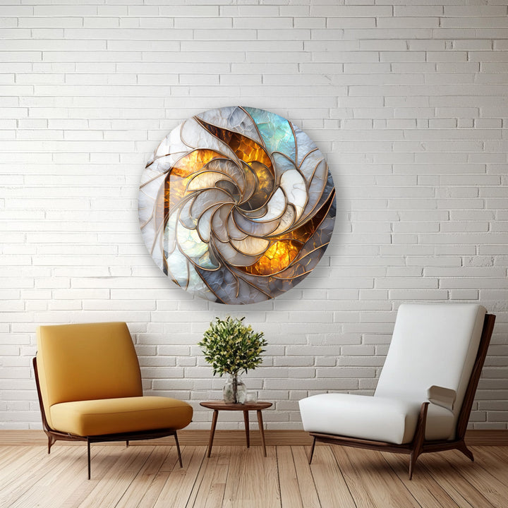 Golden Spiral Radiance – Round Glass Wall Art