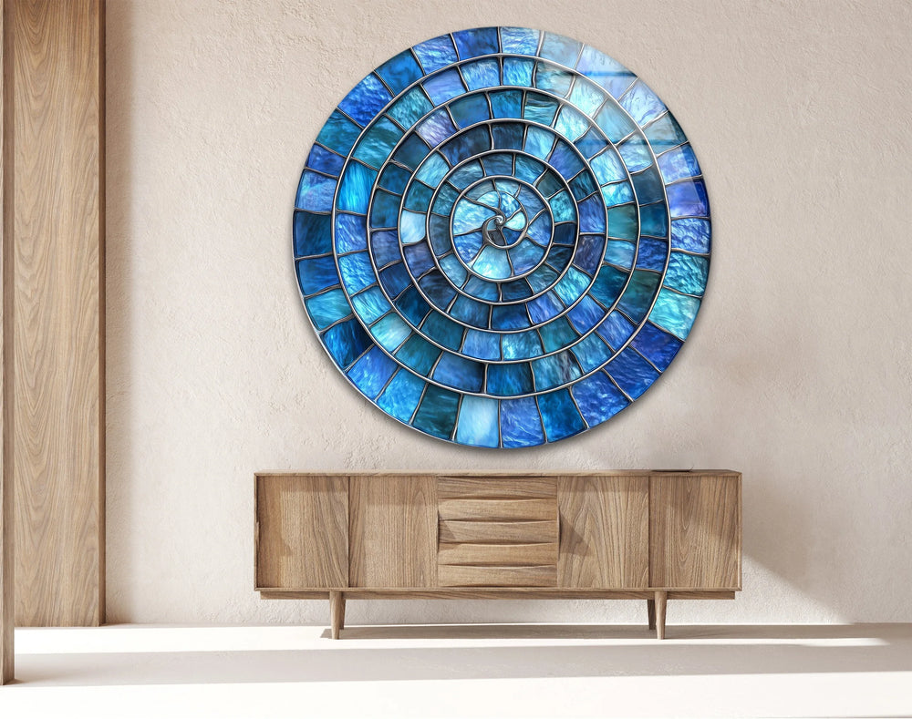 Blue Aqua Spiral Harmony – Round Glass Wall Art - MyPhotoStation