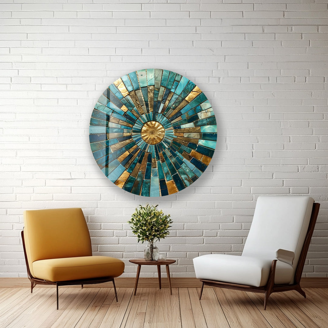 Golden Horizon – Turquoise Mosaic Round Glass Wall Art